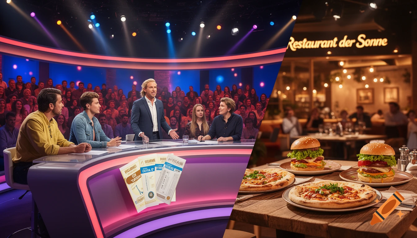 A split image showing a quiz show with a host and four contestants on one side, and a restaurant with pizzas and burgers on the other.