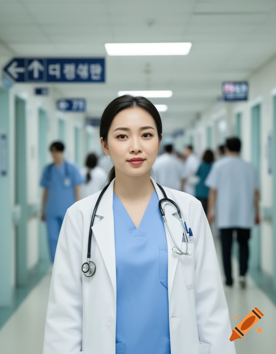 A photorealistic image of a female doctor in a white lab coat and blue scrubs, standing in a brightly lit hospital hallway.