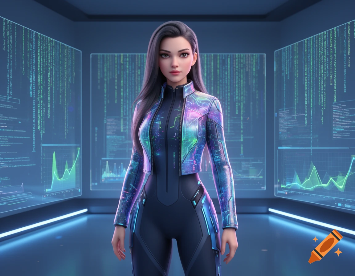 A 3D rendered female avatar in a futuristic, iridescent suit stands in a data room with glowing screens displaying code.