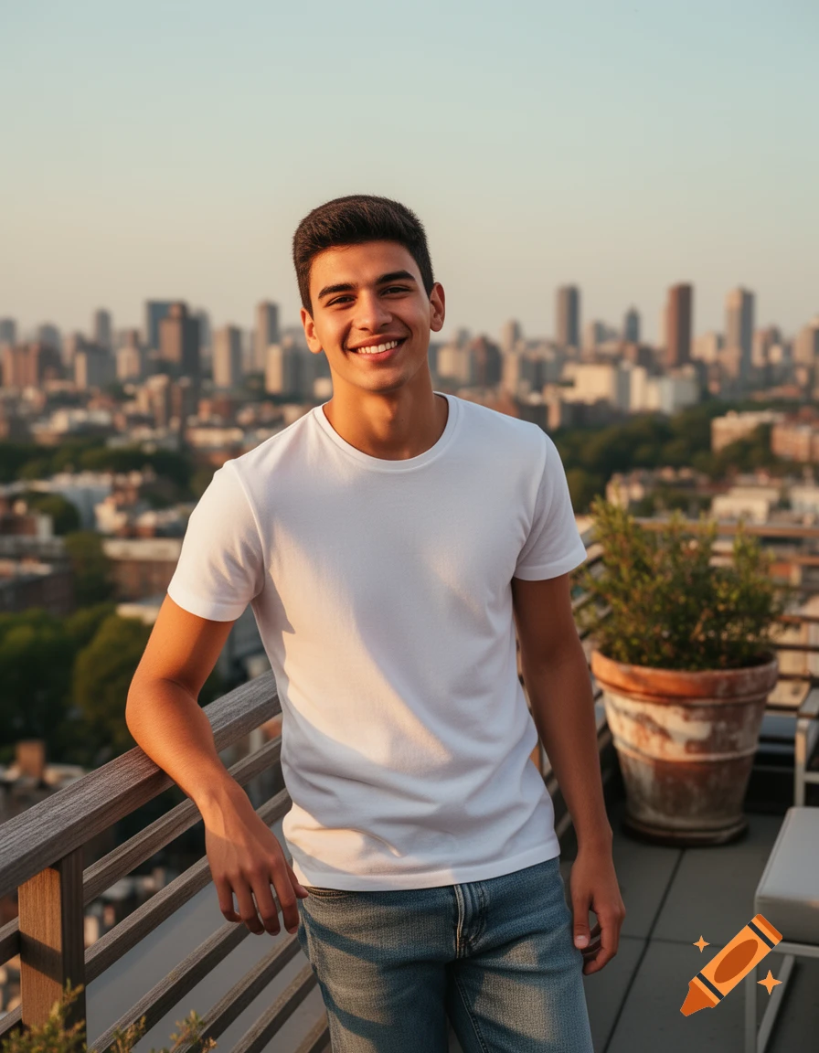Smiling young man in a white t-shirt and jeans leans on a rooftop railing with a city skyline at sunset.