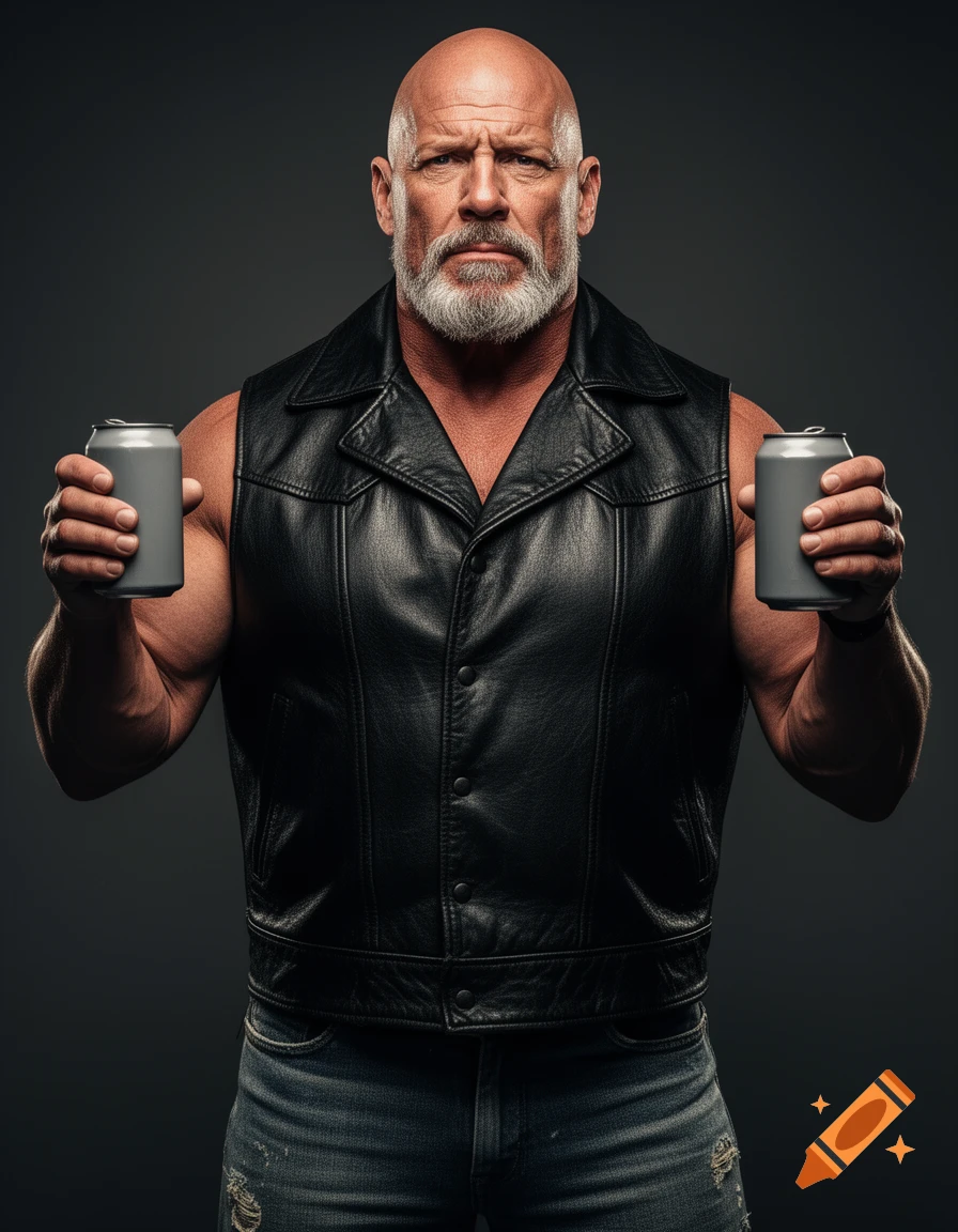 Photorealistic portrait of a bald, bearded man in a black leather vest and jeans, holding two gray soda cans, looking ruggedly at the viewer.