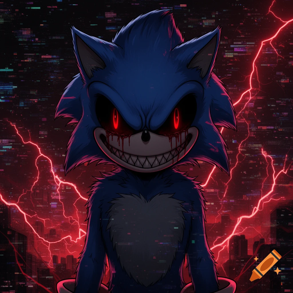 Dark illustration of Sonic.exe with glowing red eyes, sharp teeth, and dripping blood, against a glitchy city with red lightning.