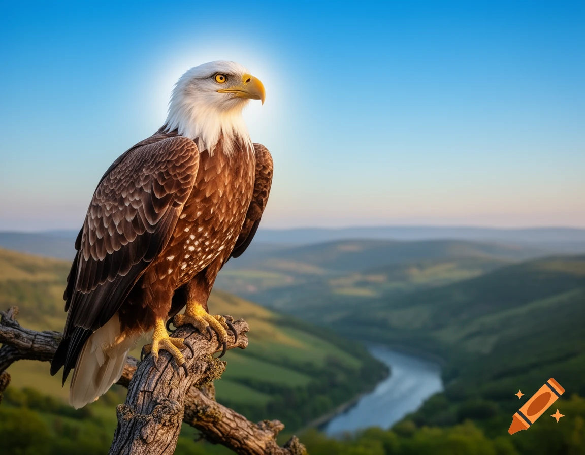 A majestic bald eagle with white head and brown body perches on a gnarled branch, overlooking a winding river through a lush green valley at sunset.
