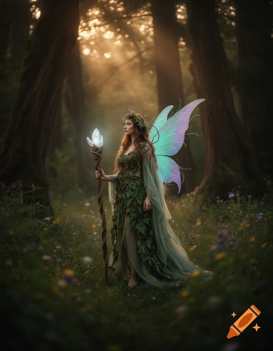A photorealistic fairy druid with a flower crown and leaf dress stands in an enchanted forest, holding a glowing crystal staff.