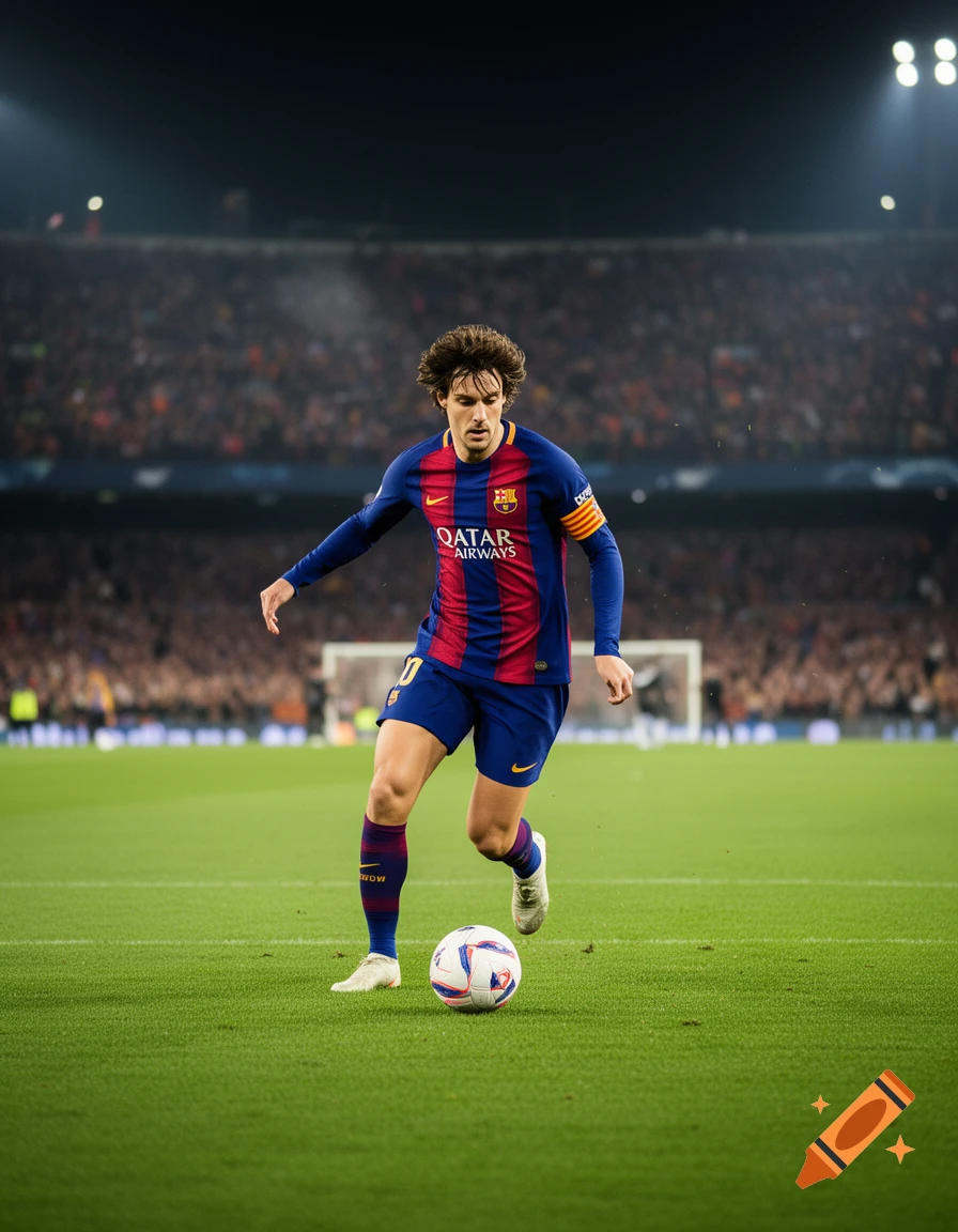 A photorealistic image of a male soccer player in a blue and red striped jersey dribbling a ball on a green field.