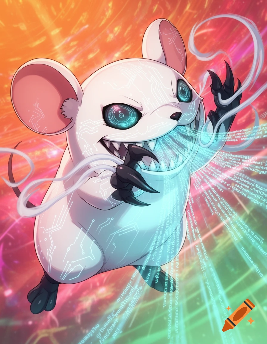 A stylized white mouse-like creature, Love Machine from Summer Wars, with glowing blue eyes, sharp teeth, and black claws, emitting glowing blue digital code with "Vanguard AntiCheat" text.