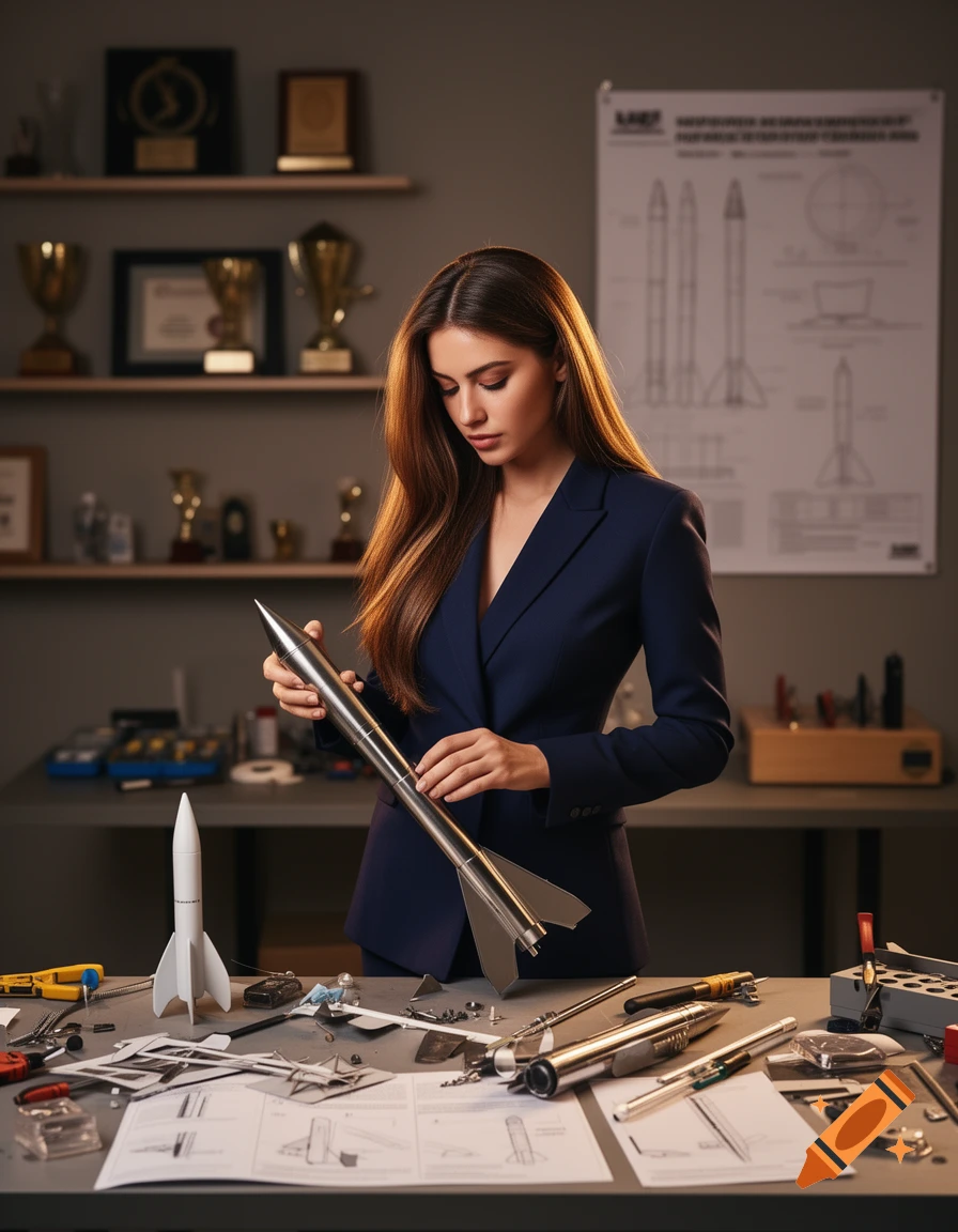 A photorealistic image of a woman in a suit assembling a model rocket on a workbench filled with tools and blueprints.