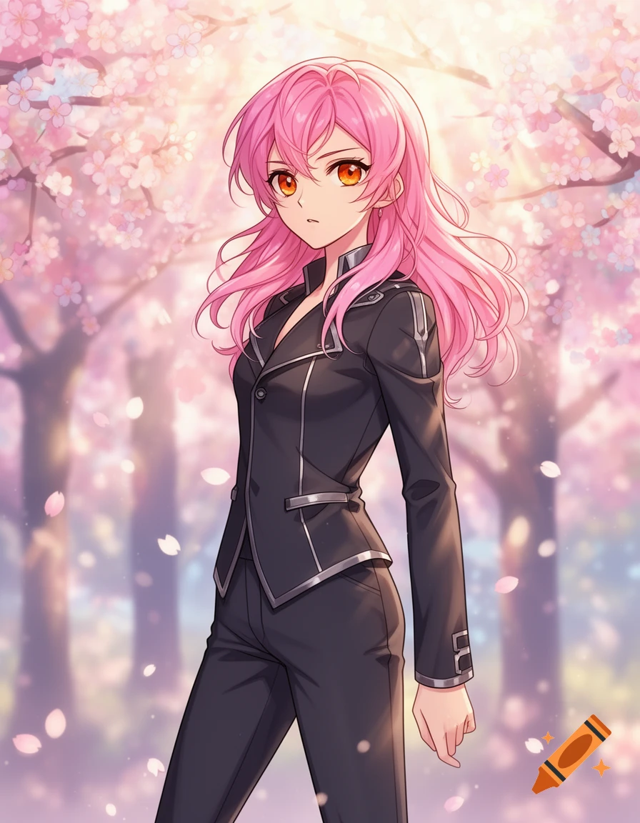 Anime illustration of a pink-haired character with orange eyes in a black suit, standing in a cherry blossom park.