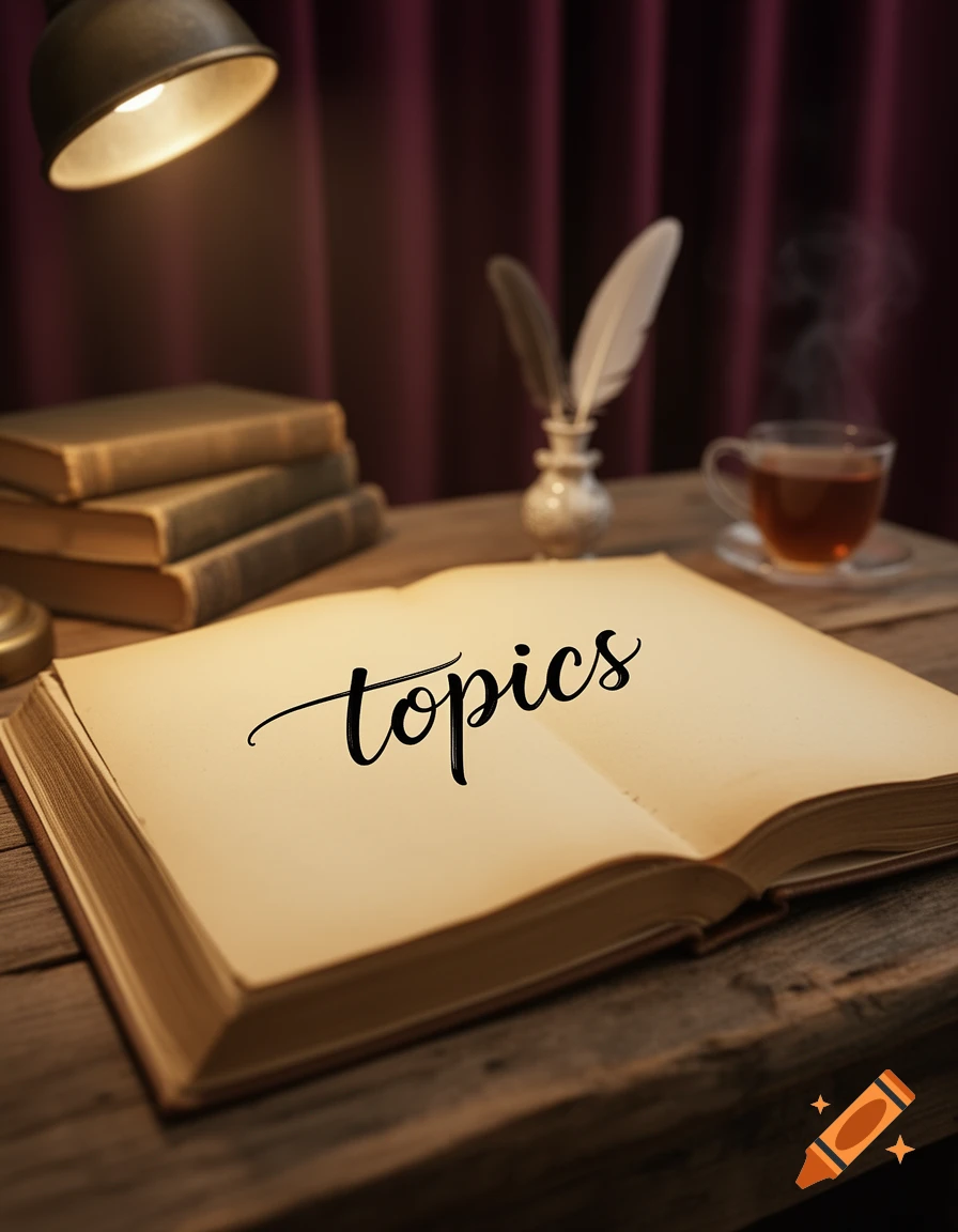 An open book with 'topics' on an old wooden desk, lit by a vintage lamp, with stacked books, inkwell, and a steaming teacup.