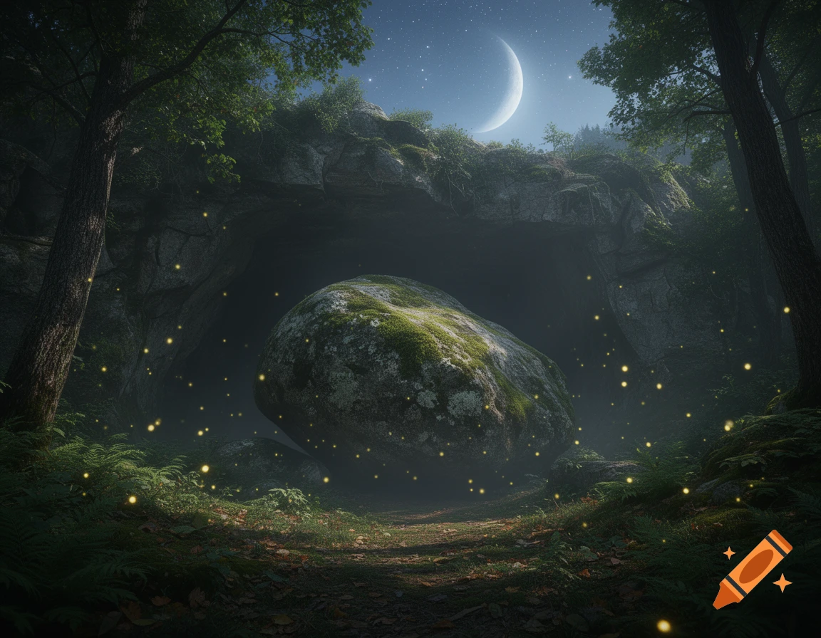 A fantasy night landscape shows a mossy boulder blocking a cave entrance, surrounded by fireflies and trees under a crescent moon.