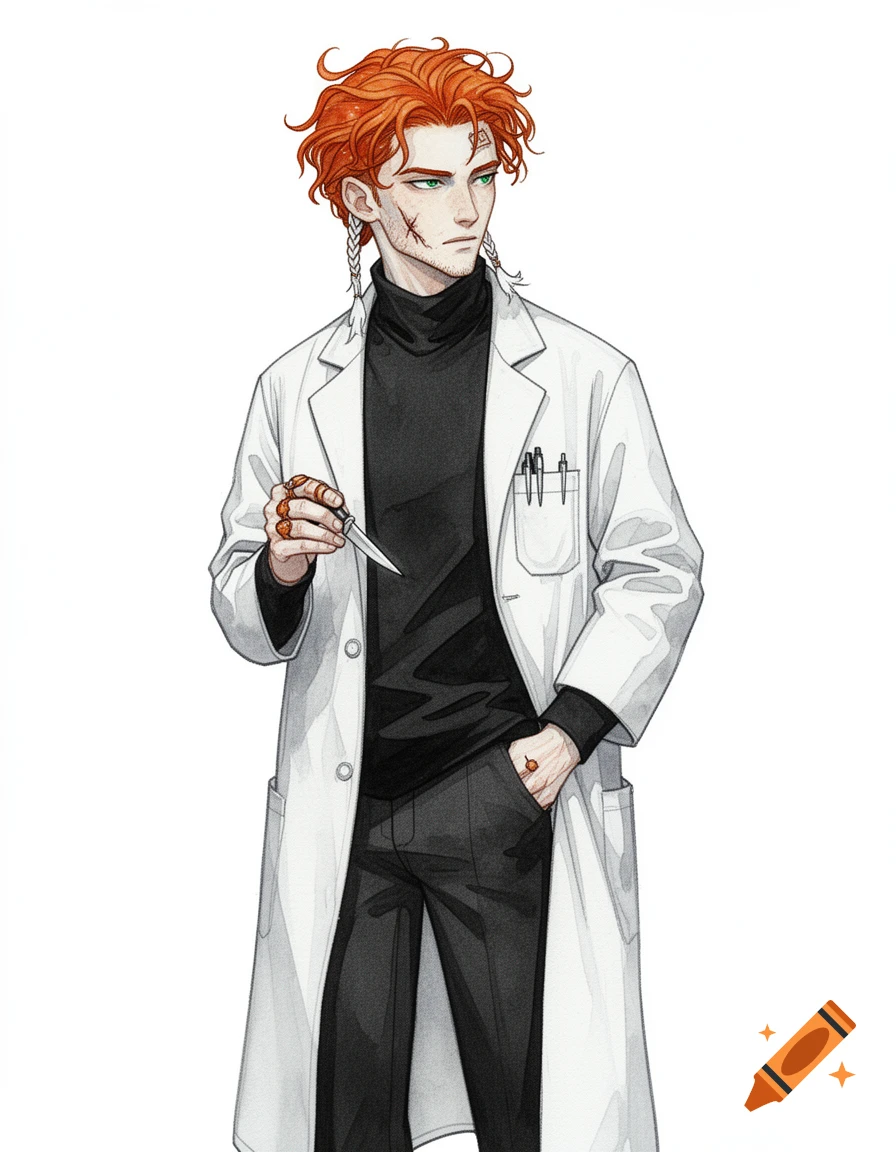 A man with wild red hair, green eyes, and a scarred face wears a white lab coat over a black turtleneck, holding a scalpel, in a watercolor style.