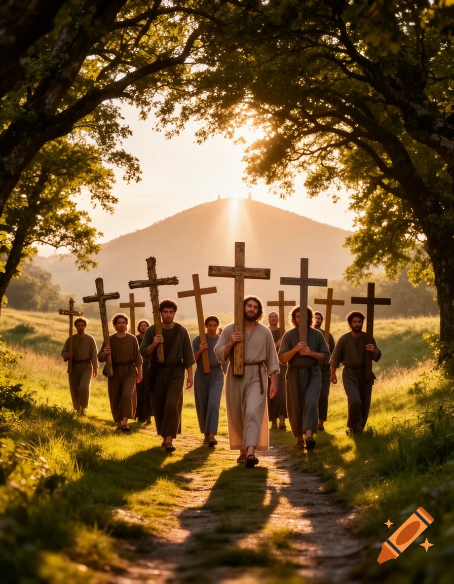 Men in ancient robes carry wooden crosses along a path under sunlit trees toward a distant mountain, photorealistic.