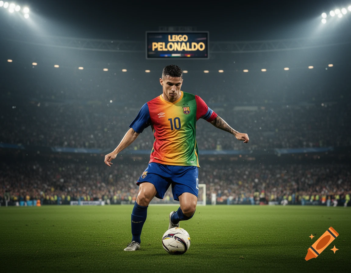 A male soccer player in a colorful jersey and blue shorts dribbles a ball on a green field in a brightly lit stadium.