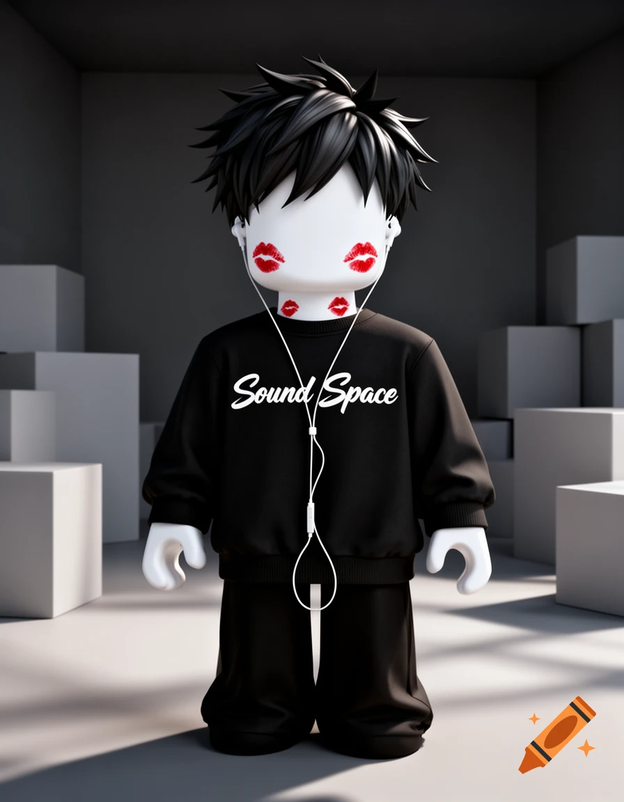 A faceless Roblox-style anime boy with black hair and kiss marks, wearing a 'Sound Space' sweatshirt and earphones in a minimalist grey room.