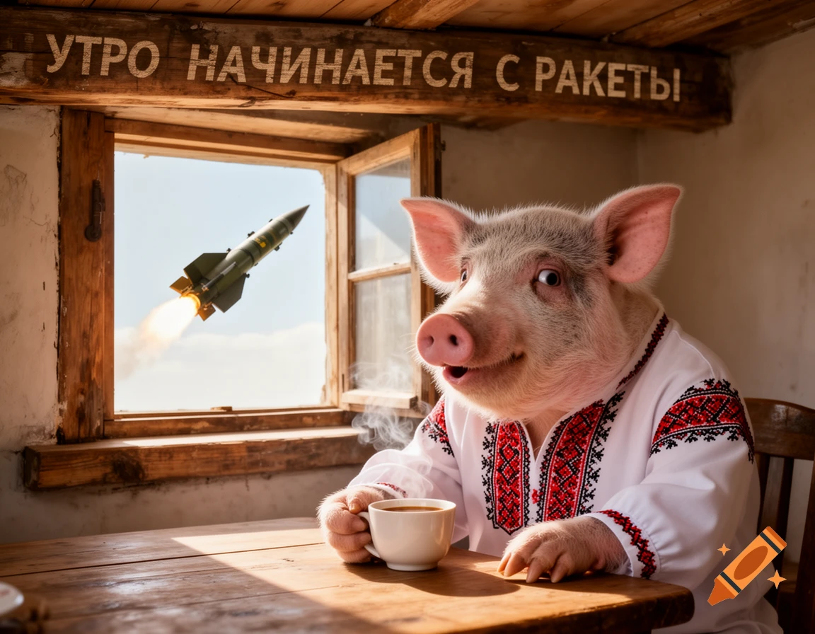 A surprised pig in a Ukrainian vyshyvanka sips coffee as a missile flies past the open window. Photorealistic.