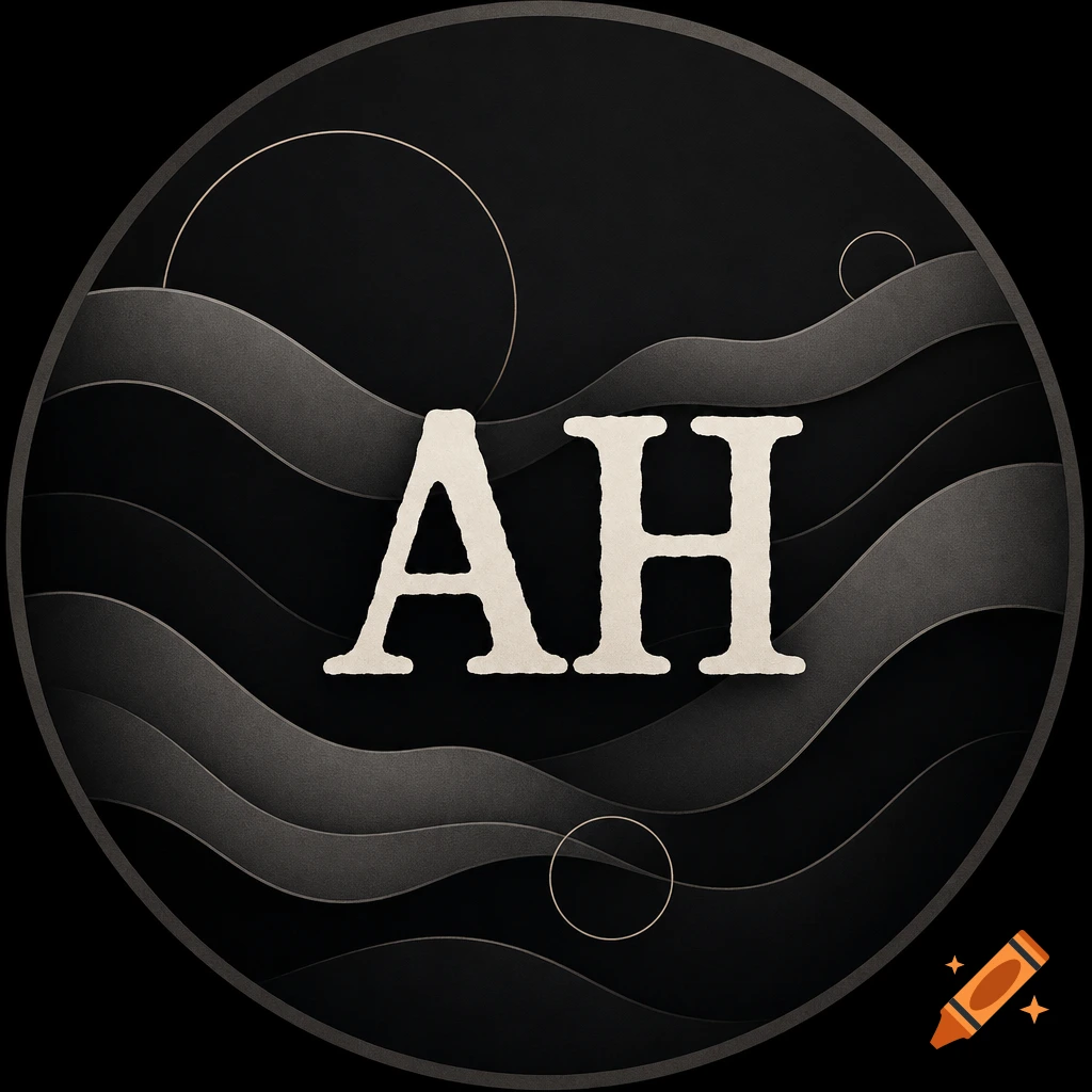 Bold initials AH on a minimalist black and grey wavy circular background with subtle rings.