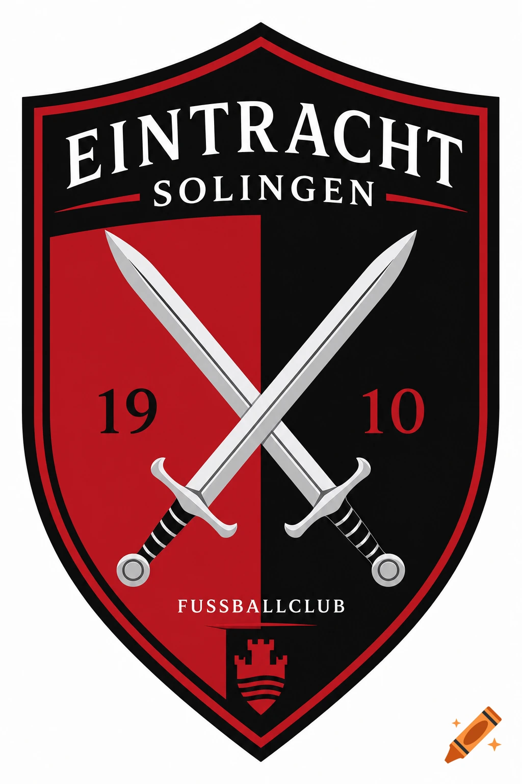 Red and black football club logo in a shield shape with crossed silver swords, text 'EINTRACHT SOLINGEN', 'FUSSBALLCLUB', and numbers '19 10'.