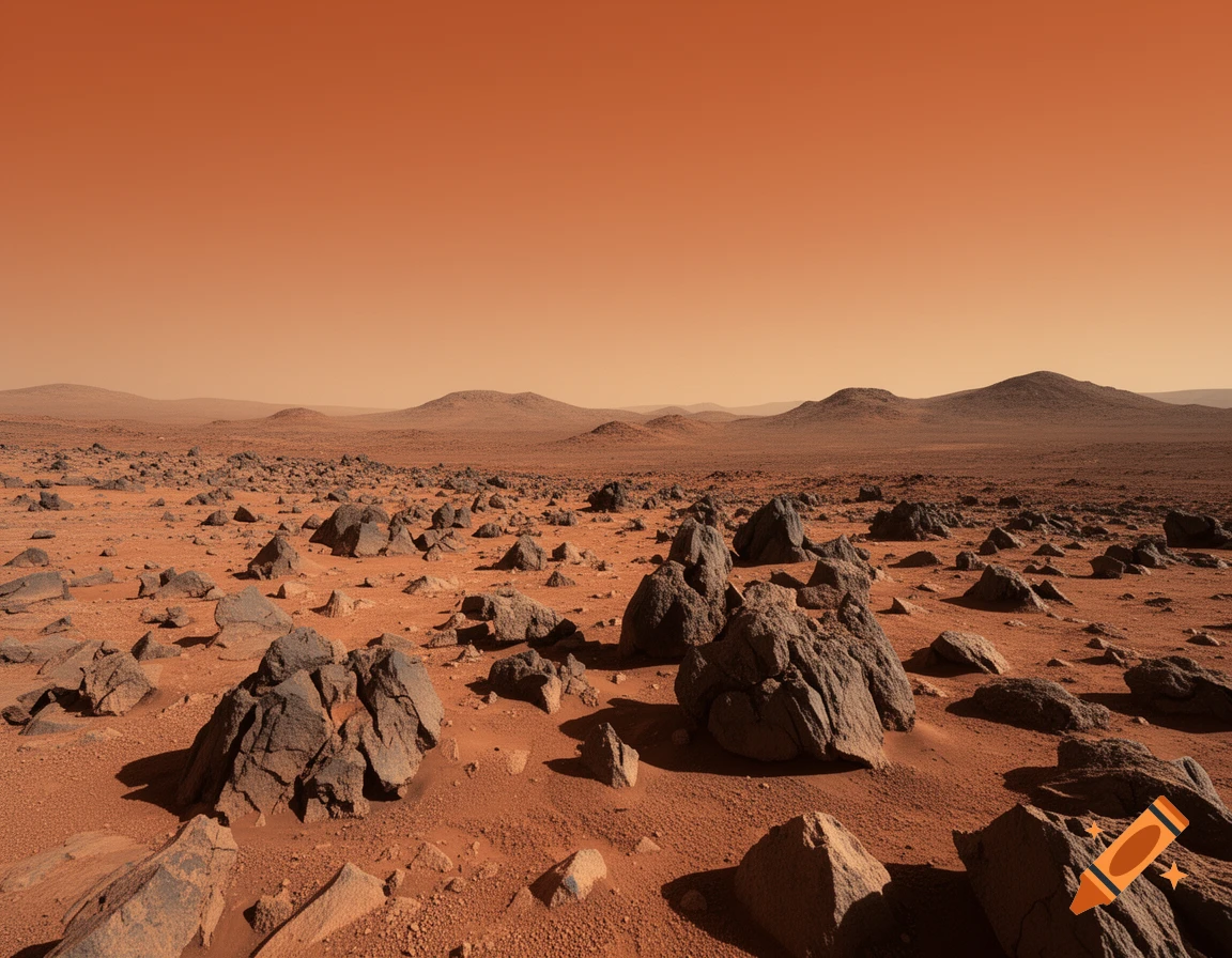 Vast, rocky orange-red Martian landscape under an orange sky, with distant hills.