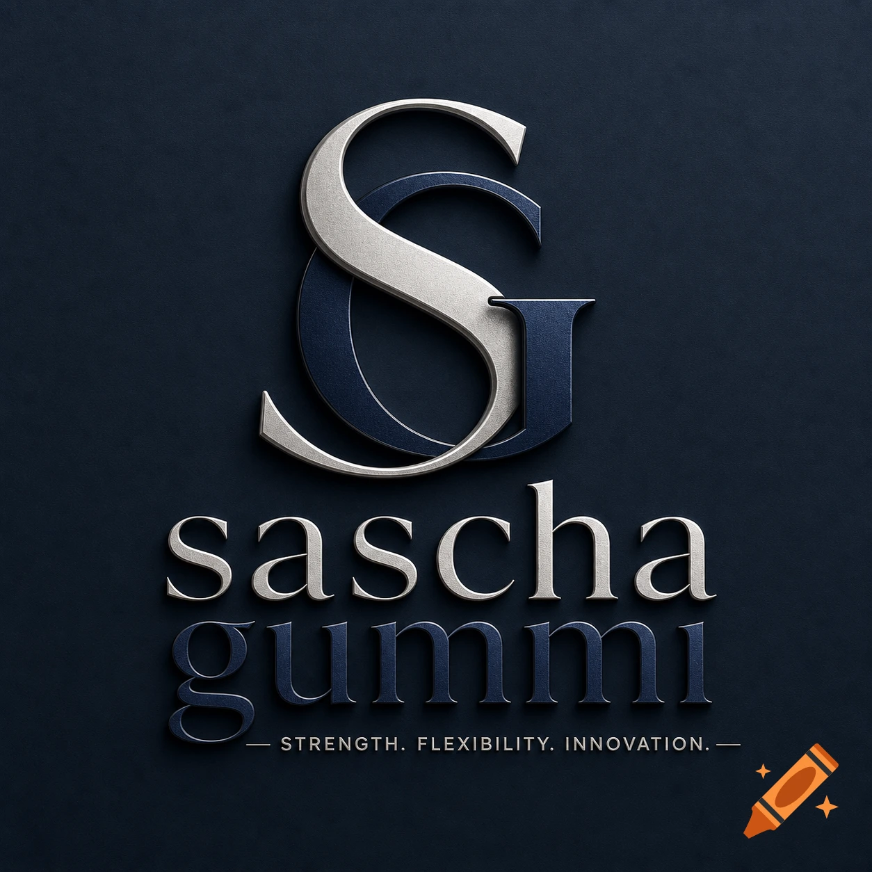 Elegant silver and dark blue metallic logo featuring interlocking 'S' and 'G' initials above 'sascha gummi' and a tagline.