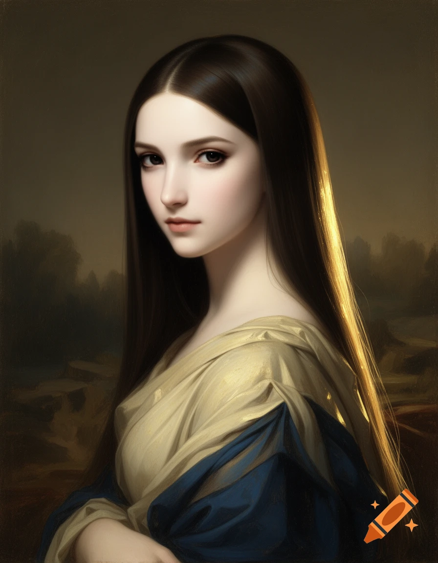 A semi-realistic portrait painting of a beautiful young woman with long dark hair, pale skin, and dark eyes, wearing a gold and blue draped garment.
