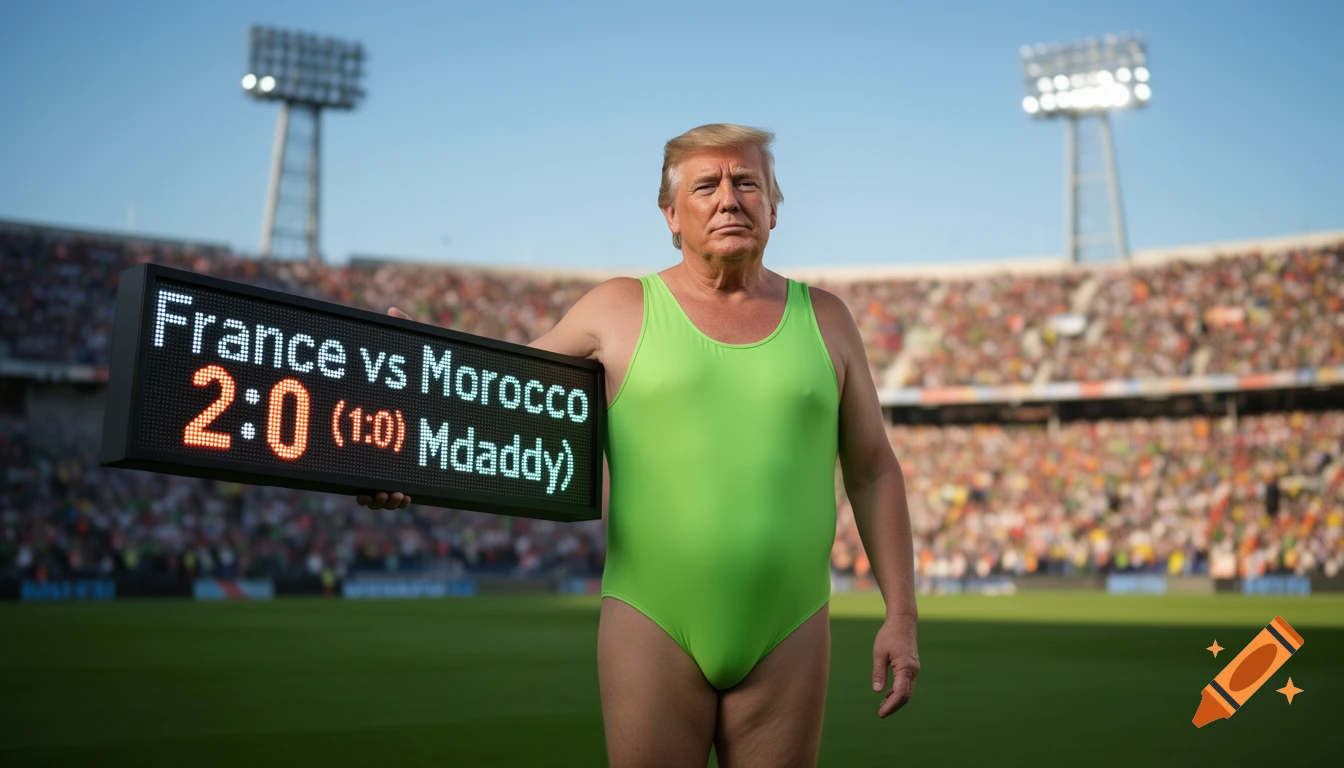 Photorealistic image of Donald Trump in a bright green Borat-style swimsuit holding a soccer scoreboard in a stadium.