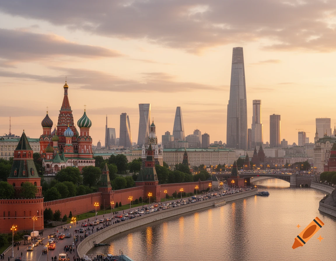 A photorealistic panoramic view of Moscow at sunset, featuring St. Basil's Cathedral, the Kremlin wall, and modern skyscrapers along the Moskva River.