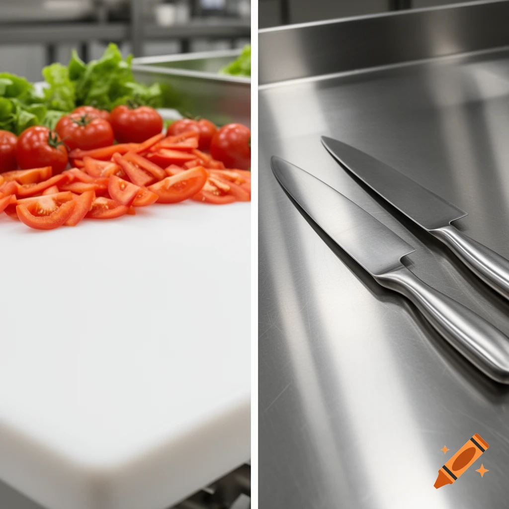 Sliced tomatoes and lettuce on a white cutting board next to two chef's knives on a stainless steel surface.