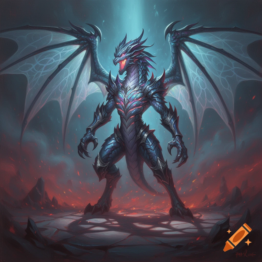 An armored blue and purple dragon with glowing red eyes stands on cracked ground with embers under a teal light beam.