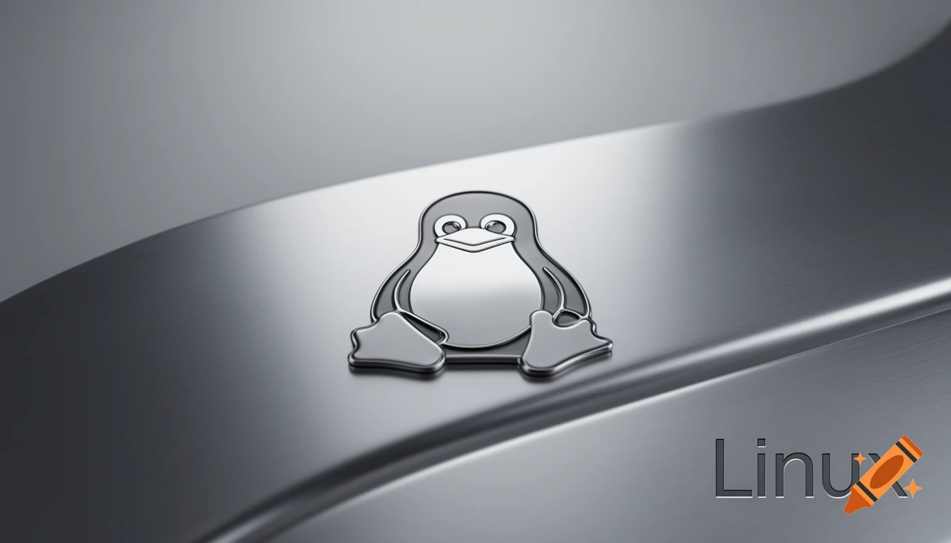 A 3D metallic Linux penguin logo rests on a brushed metal background, with the word "Linux" in the corner.