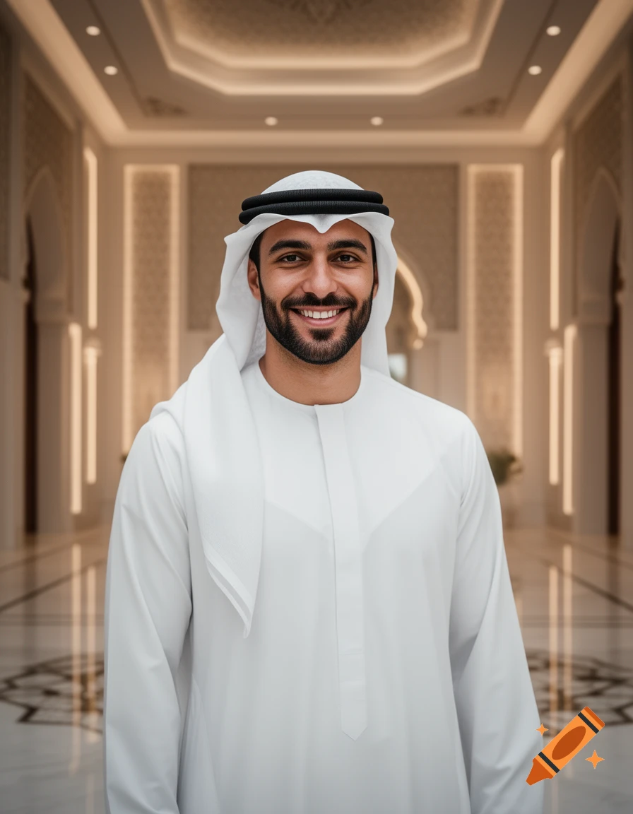 A smiling man with a beard, wearing a white thobe, ghutra, and black agal, stands in an elegant Arab palace hallway. Photorealistic.