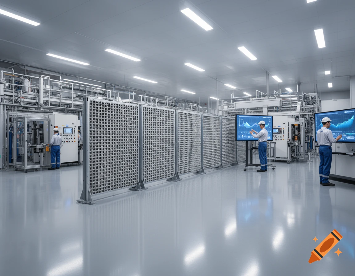 A clean, brightly lit industrial facility with workers in white coats monitoring machinery and large display screens showing graphs.