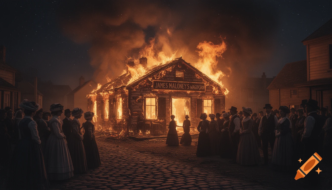 A crowd watches a wooden building, 'JAMES MALONEYS WAGON SHOP,' engulfed in flames at night on a cobblestone street.