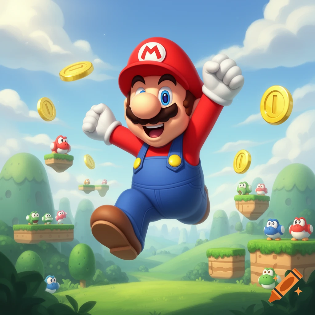 Mario leaps in a vibrant cartoon landscape, surrounded by floating coins and small enemy characters on platforms under a cloudy blue sky.