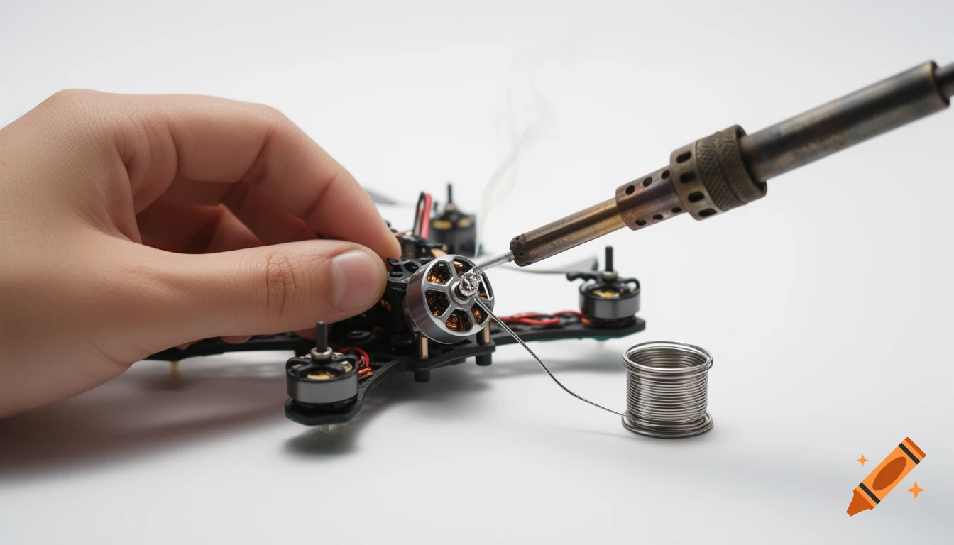 Close-up of a hand soldering a wire to an FPV drone motor, with a spool of solder nearby, on a white background.