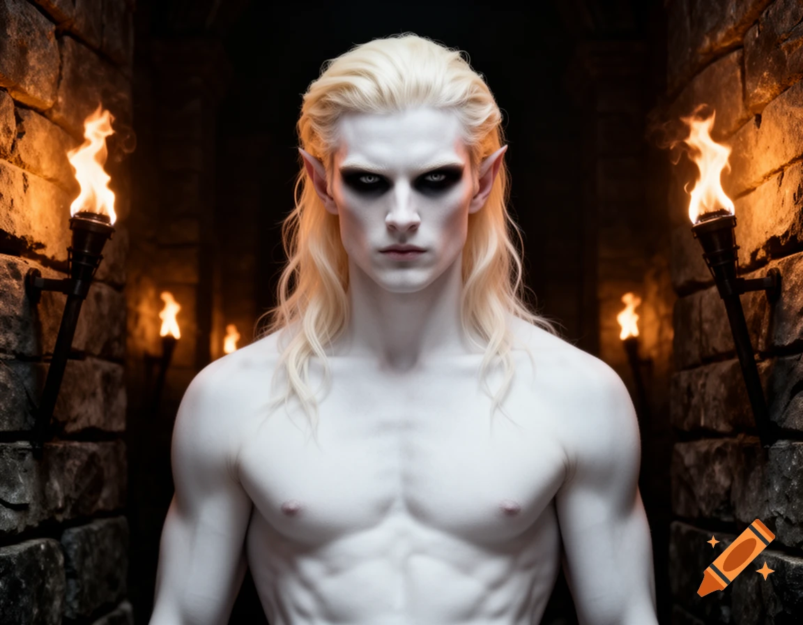 A pale, blonde-haired fantasy male with pointed ears and dark eyes stands shirtless in a torch-lit stone corridor.