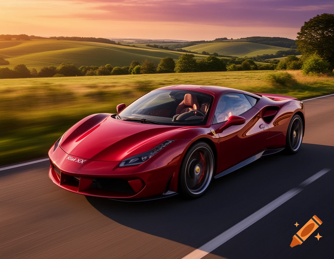 A red supercar named Riat XX drives on a country road during sunset, with green rolling hills in the background.