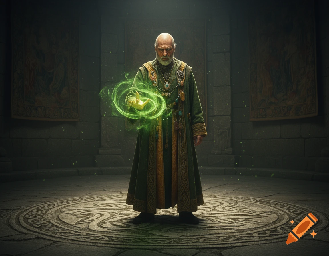A bald mage in a green robe stands in a dark stone room, casting green swirling magic from his hand. A Celtic pattern adorns the floor.