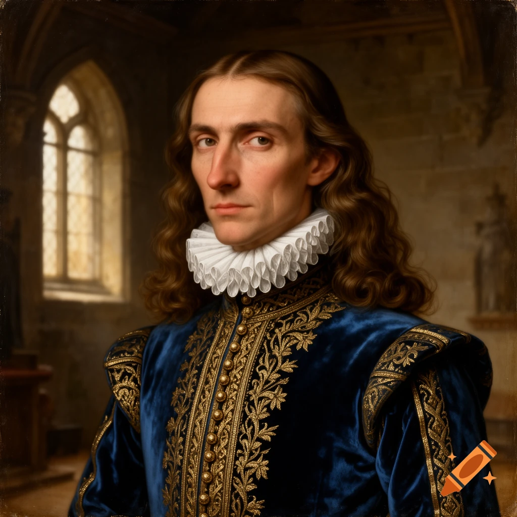 A portrait painting of a noble man with long brown hair, a white ruff, and an ornate blue velvet coat, standing in a medieval setting.