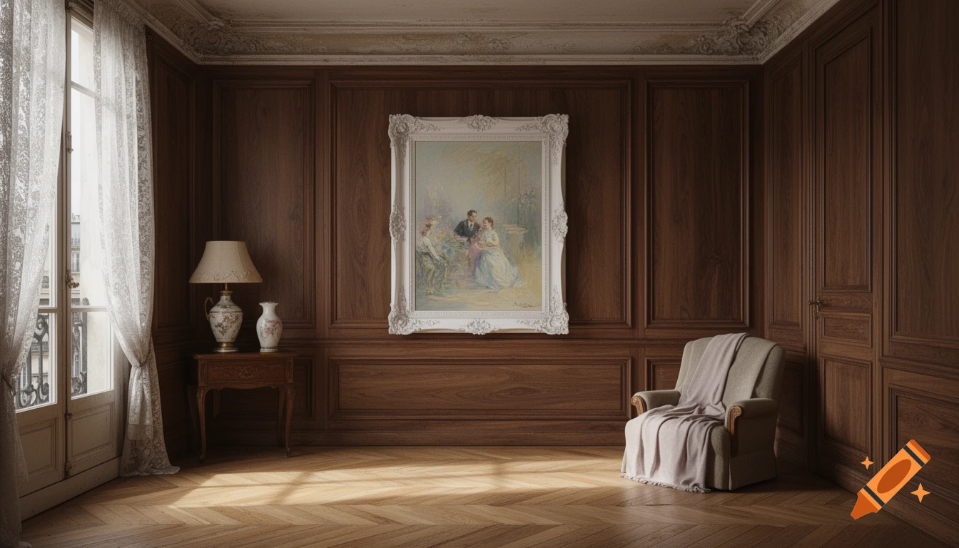 An elegant 1940s Parisian apartment interior with dark wood paneling, a large window, a white-framed painting, and a cozy armchair.