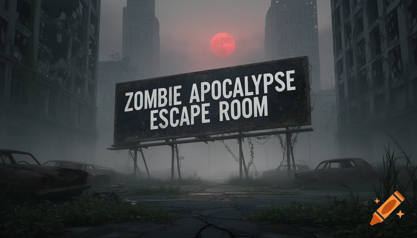 A desolate, foggy post-apocalyptic city scene with ruined buildings, abandoned cars, and a billboard reading 'ZOMBIE APOCALYPSE ESCAPE ROOM' under a red moon.