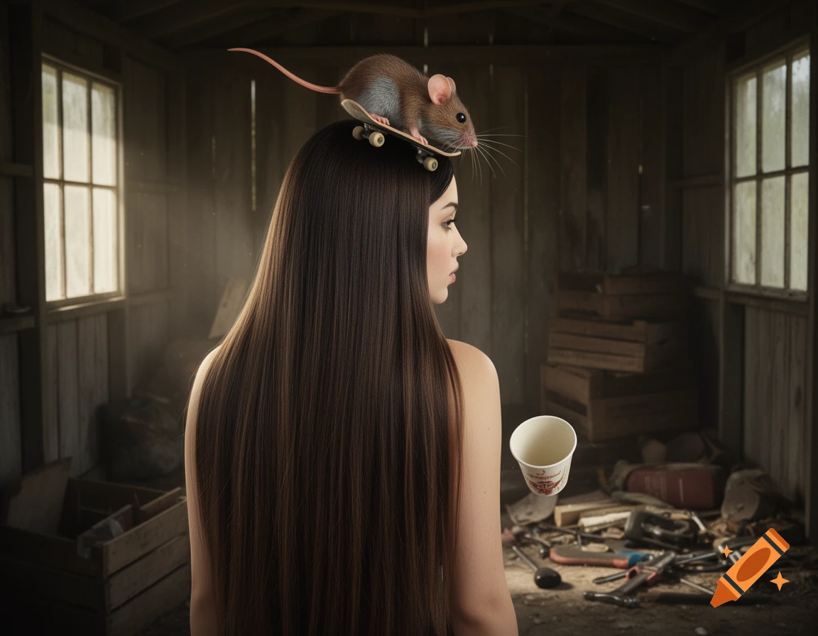 A woman with long brown hair stands in an abandoned shed, a mouse on a skateboard on her head, and a white cup floating in front of her.