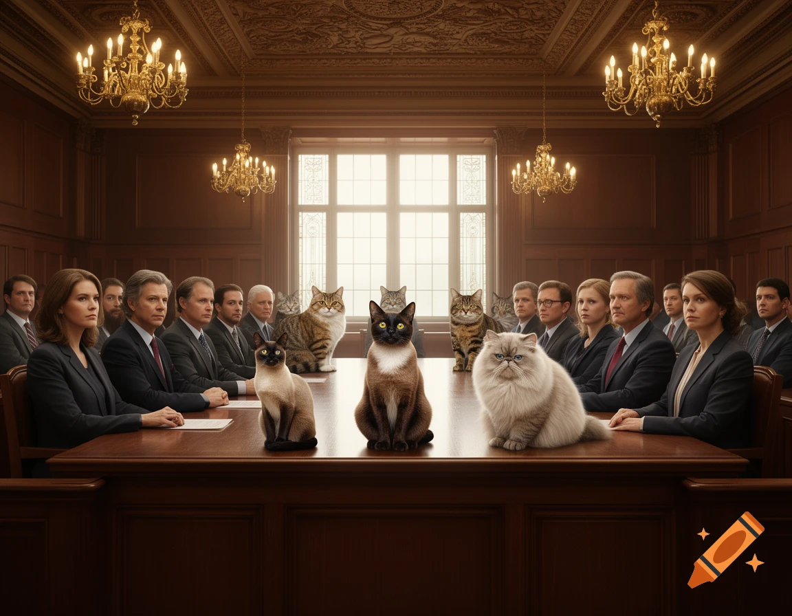 Photorealistic image of a formal courtroom with humans and various cat breeds seated around a large wooden table.