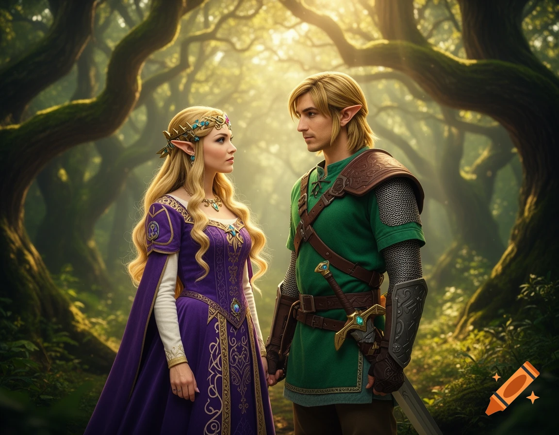 Princess Zelda and Link, in fantasy attire, stand amidst a mystical, sunlit forest.