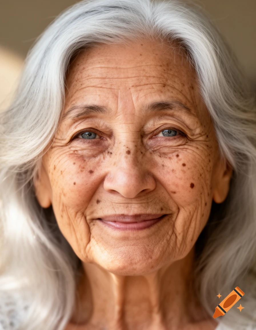 Close-up photorealistic portrait of an elderly woman with white hair, blue eyes, and freckles, smiling.