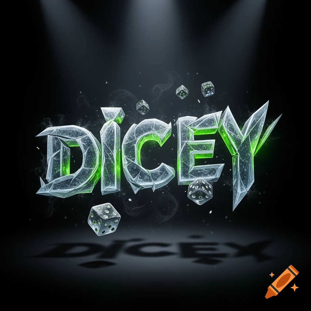 Stylized text art spelling 'DICEY' in icy, green-glowing letters with floating dice against a dark background.