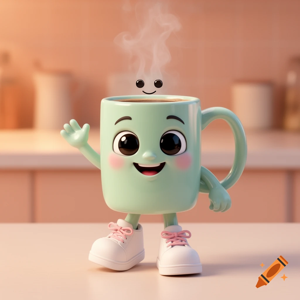 A cute 3D animated mint-green coffee mug character with a joyful face, arms, and legs, wearing white sneakers, waves in a warm kitchen setting. Steam above it forms a small smiley face.