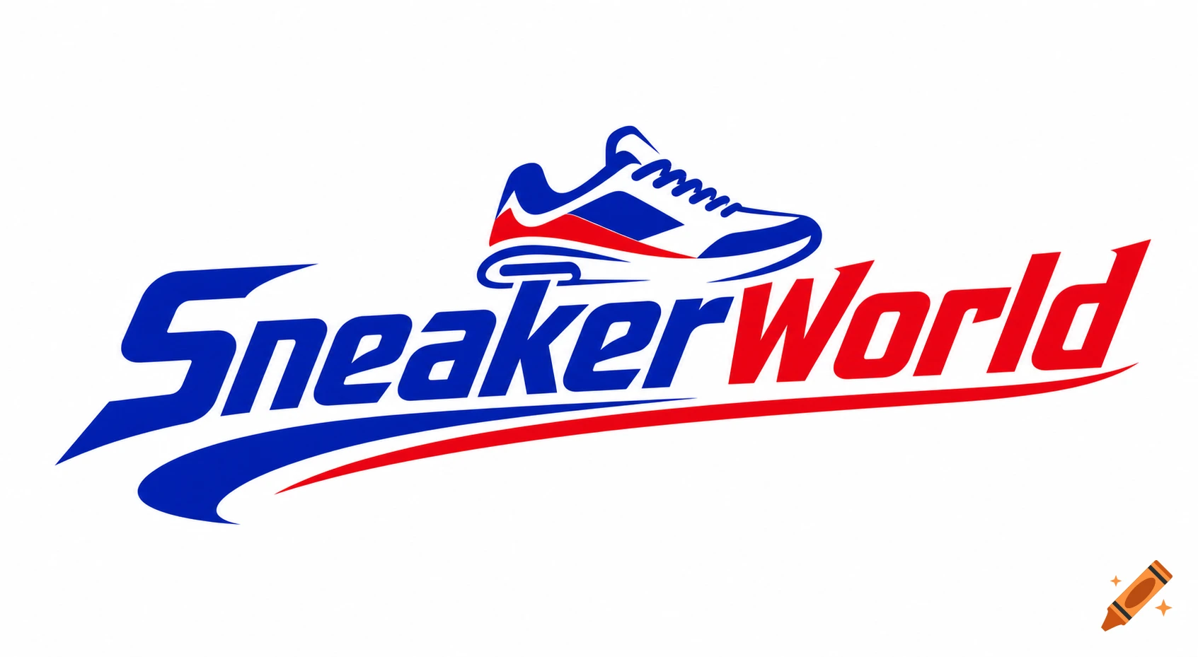 Red, white, and blue logo for SneakerWorld, featuring stylized text and a sneaker design.