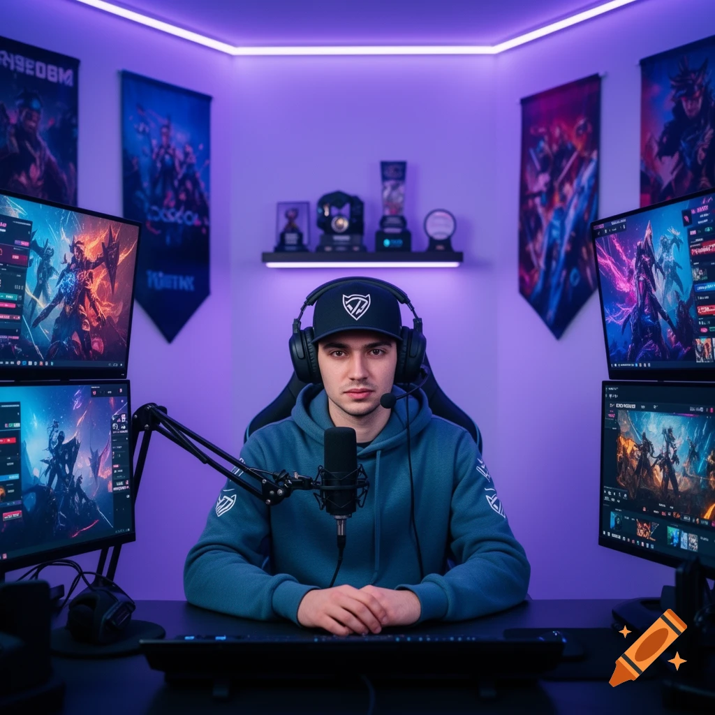 A young male streamer with a headset and microphone sits at a desk with multiple screens displaying games, in a room lit with purple LED strips and banners.
