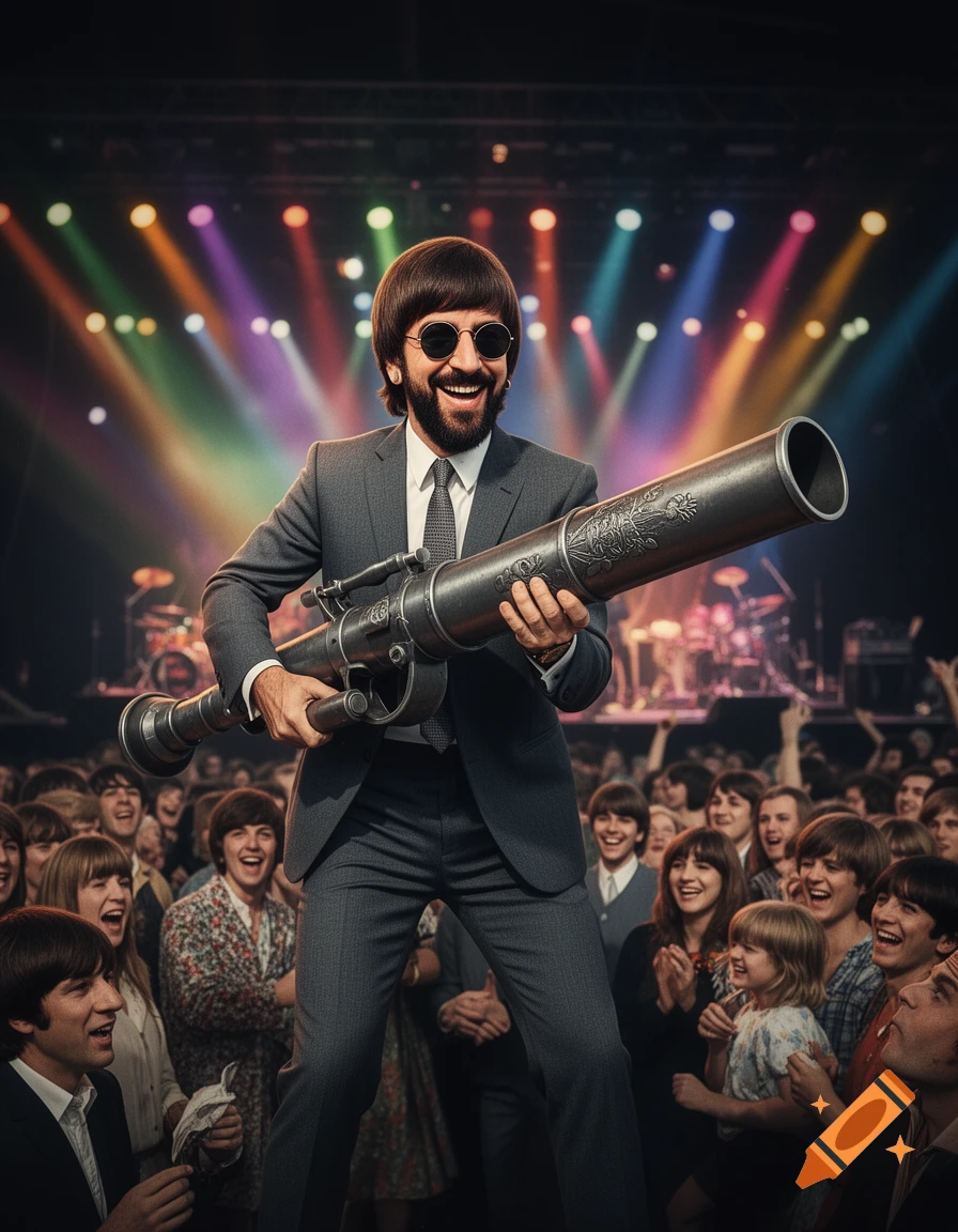 A smiling man resembling Ringo Starr in a suit holds a large bazooka on stage, with a cheering crowd and colorful lights.