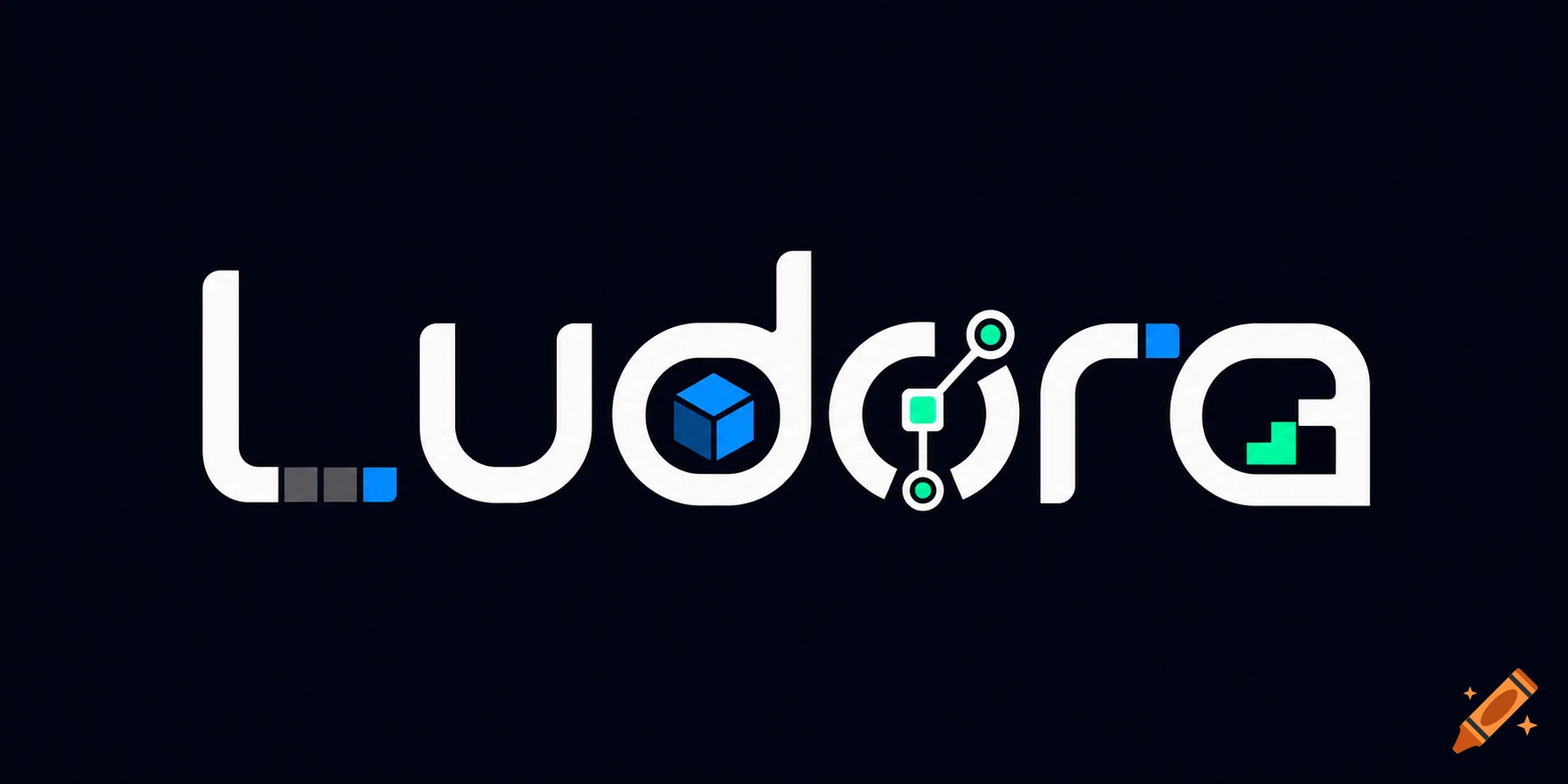 Modern white wordmark logo for 'Ludora' with integrated blue cube and green network nodes on a dark background.